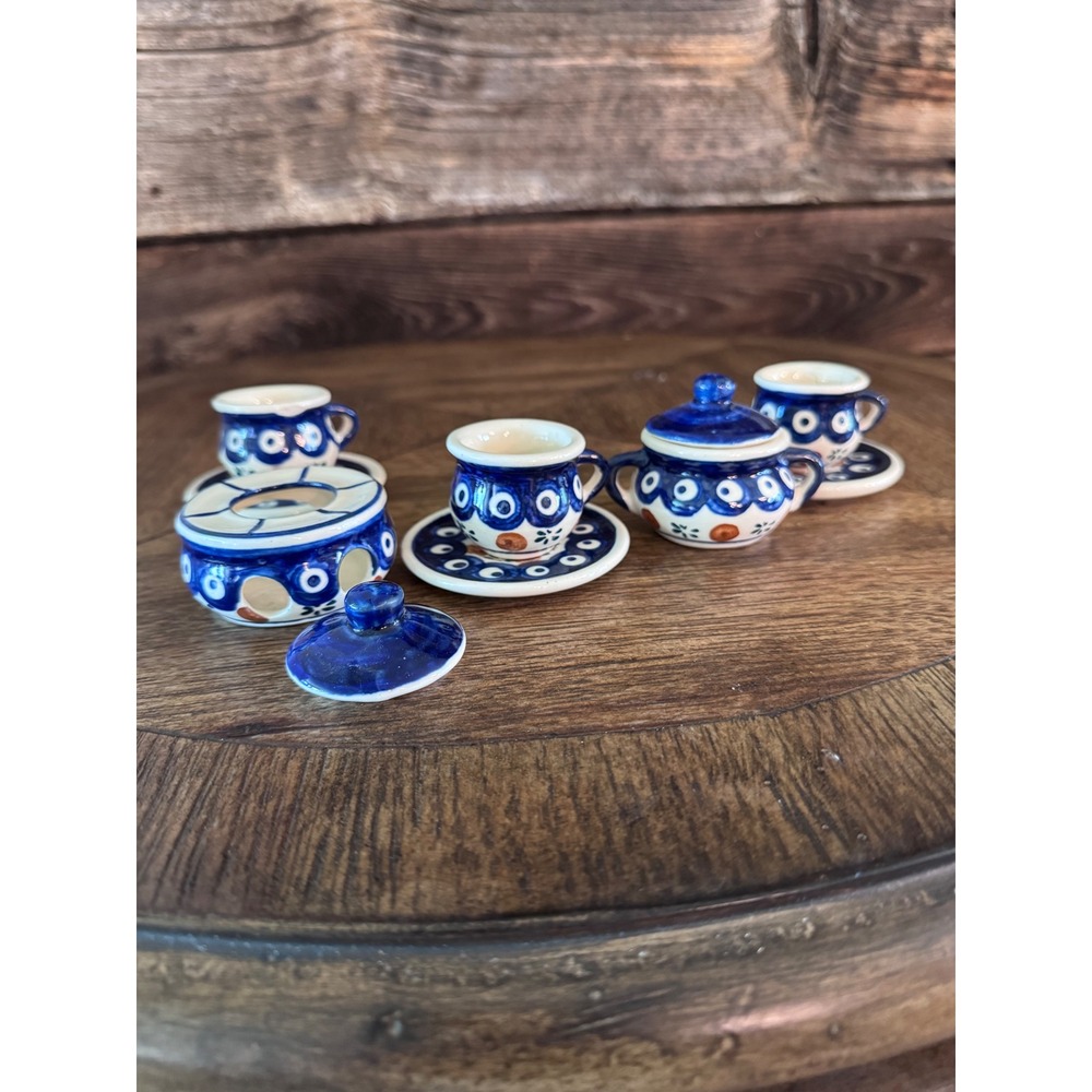 Ceramika Artystyczna Polish Pottery Miniature Tea Set Peacock Eye 9 Piece set